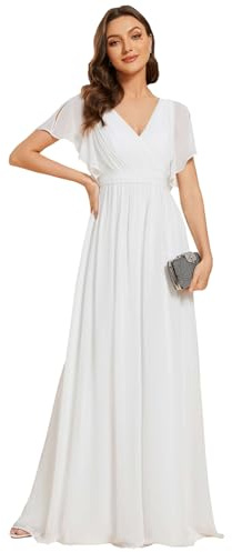 Ever-Pretty Women's V-Neck Ruffle Sleeves Ruched Bust Chiffon Floor Length White Bridesmaid Dress White 10UK