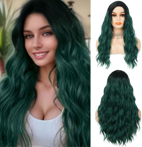 Siudus Peluca verde pelucas onduladas largas y rizadas para mujeres sintético negro a verde peluca de pelo natural para uso de fiesta de Halloween