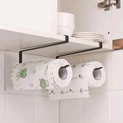 Ulsam Kitchen Roll Holder Under Cabinet, 2Pack Black Paper Towel Holders no sticking Kitchen Organizer Kitchen roll holder without drilling Kitchen Organizer rack for Kitchen Bathroom, UL-RA-00130424