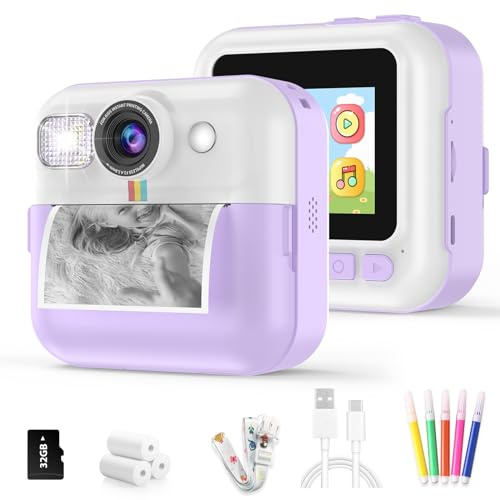 Kinderkamera Sofortbildkamera,Sofortbildkamera Kinder, 1080P Digitalkamera Kinder mit 32GB Karte Druckpapier,Geburtstags Weihnachten Geschenke für Jungen und Mädchen 3-12 Jahre(Lila)