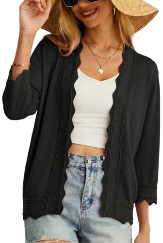 GRECERELLE Dam sommar cardigan button down långärmad damer lätt mjuka avslappnade axlar uddiga kanter koftor sommar kväll, bröllop, Svart, M