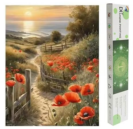 DCIDBEI Groß Diamond Painting Mohnblume Weg 40x50 cm Diamant Painting Bilder Blumen Diamond Painting Erwachsene Blumen Mohnblume Straße Romantischer Weg Stickbilder Landschaft Sonnenuntergang Meer Box