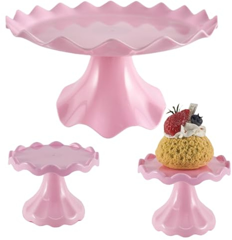 Juego de 3 soportes para tartas, soporte para tartas con encaje, mini soporte para cupcakes para fiestas, bodas, cumpleaños, celebraciones, baby shower, aniversario (rosa)