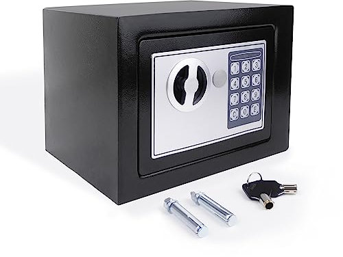 Elektronischer Mini-Tresor mit 2 Schlüsseln und Zahlenschloss - 4,6L Feuer- und Wasserdichter Digital-Safe für Home Office, Geld und Bargeld, Schwarz