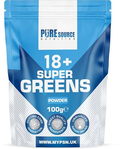 PSN Vegan Super Greens Powder 18 Superfoods Supergreens Blend with Green Tea, Maca, Inulin, Wheat Grass, Alfalfa, Barley Grass, Moringa, Spirulina, Hemp Seed Powder (100g, Unflavoured)