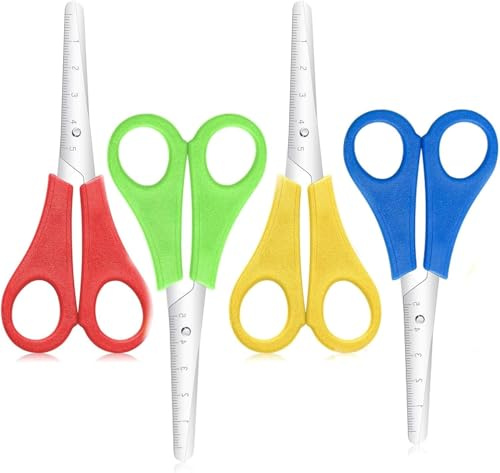 4 Stück Kinderschere Set, Schere Schule Klasse, Bastelschere Kinder, Kinderscheren, Schere mit Stumpfer Spitze, Lernschere mit Skala, Abgerundete Spitzen Scheren Kinder