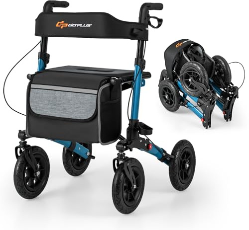 COSTWAY Andador para Ancianos con Asiento, Taca Taca Adultos Plegable, Altura Ajustable 81,5 a 97 cm, 4 Ruedas de Neumáticos, Caminadores para Mayores, Estructura de Aluminio Ligera (azul)