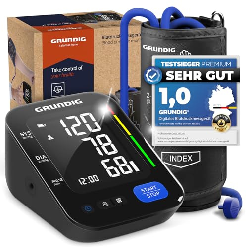 GRUNDIG Blutdruckmessgerät Oberarm - hochpräzise - einfachste Bedienung - perfekt ablesbar - Herzrhythmusstörungen Erkennung - Risikobewertung - Manschettensitzkontrolle (Schwarz)