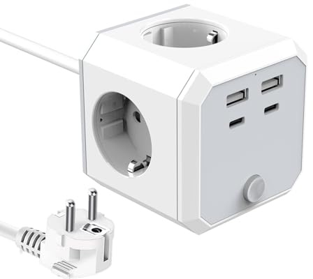 Mehrfachsteckdose mit USB, Steckdosenwürfel mit USB 5V/3.4A, Steckerleiste mit Schalter, 2M Verlängerungskabel Steckdosenleiste, Verteilersteckdose, Steckdose Cube Steckdosenadapter für Büro Zuhause