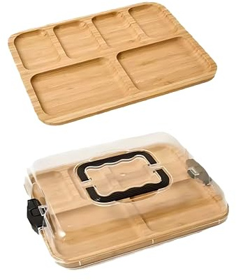 PATNFR Planche à charcuterie en bois avec 6 compartiments et couvercle transparent - Plateau de rangement à fromage avec poignée - Plateau de service portable pour fête et pique-nique