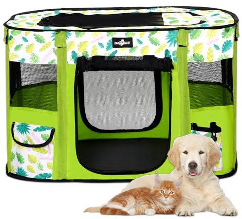 Poskena Faltbarer Haustier-Laufstall, grüner Hundekäfig, Welpengehege für drinnen und draußen, Hundezelt, (70 x 55 x 45 cm), Reise-Hundekäfig für kleine, mittelgroße Hunde, Welpen