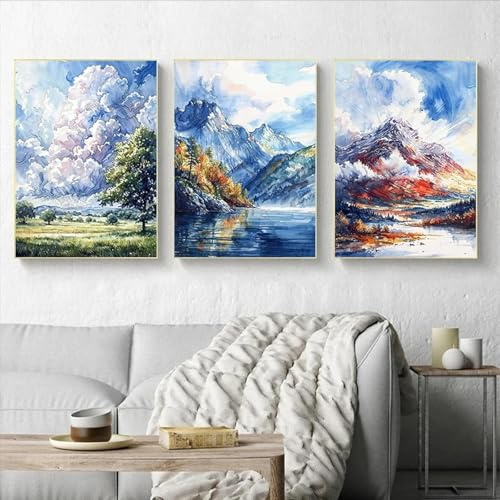 GKUVBF Poster di alberi che cambiano stagione, neve, lago, campo, foresta, paesaggio, stampa su tela, dipinto a olio, immagine, decorazione per la casa, 60x80 cm, 3 pezzi, senza cornice