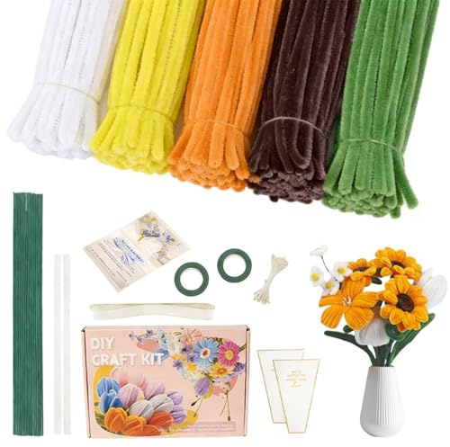 500 Stück Pfeifenreiniger Blumen Set, Pfeifenputzer Zum Basteln, Pfeifenreiniger Blumen mit Blumendraht, Geschenkband, Klebeband, Anleitung zum Blumenbasteln (Sonnenblume)