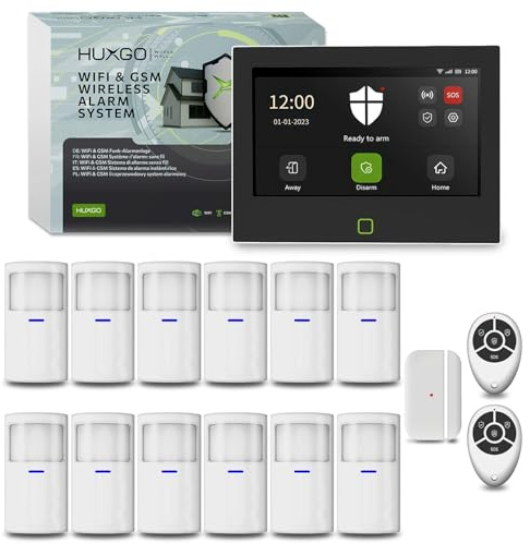 HUXGO® HXA700 Funk Alarmanlage Set für Haus mit lauter Alarmsirene integrierter GSM 4G + WiFi | drahtloses Alarmsystem mit 12x Bewegungsmelder, 1x Tür- Fenstersensor | SMS-Benachrichtigungen