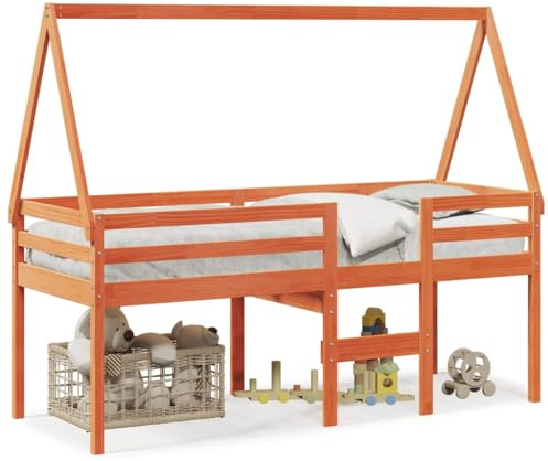HFXHIJXQ Hochbett Dach Kiefer 90x200 cm Wachsbraun Massivholz Spielbett Abenteuerbett mit integrierter Leiter und Geländer Modernes Design für Kinderzimmer Wohnzimmer und Gästezimmer
