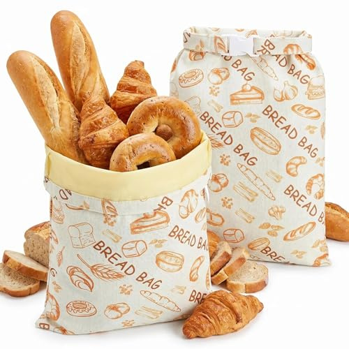 2 Pack Extra Large Beeswax Bread Bags, Reusable Natural Beeswax Lining Food Storage beeswaxs bread bag for Homemade Sourdough & Artisan Loaves, Cotton Linen Bread Bags for Freezer & Pantry