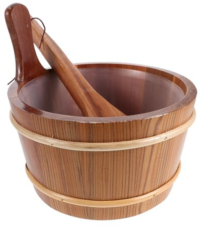 AKOOSY Set Accessoires Sauna en Bois Naturel 4l avec Seau et Louche pour Salle de Vapeur, Design Rustique et Fonction Confortable de Versement d'eau