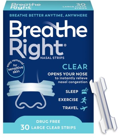 Breathe Right Nasenstreifen, transparent, groß, 30 Stück (Verpackung kann variieren)