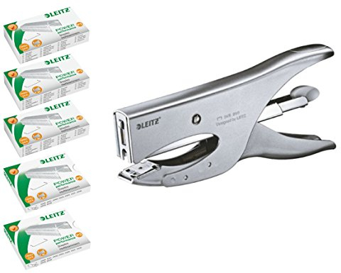 Leitz 55490081 Heftzange, Backloader-Mechanik, Heftleistung 40 Blatt, matt-silber mit 5.000 Heftklammern Startausstattung (3x 1.000 24/6 und 2x 1.000 24/8) (Heftzange 55490081, mit Klammern)