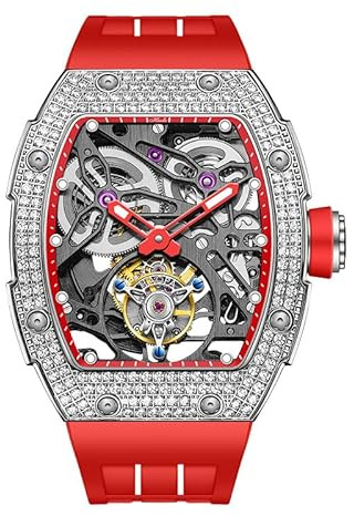Haofa Tourbillon klocka Lyx Tonneau diamanthus skelett automatisk mekanisk klocka safir vattentät självuppdragning herrklocka 1901-1S, röd