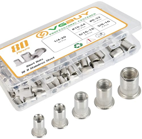 VGBUY 80Pcs Rivet Nut Kit, SAE Rivet Nuts Assortment #8-32, 10-24, 1/4-20, 5/16-18, 3/8-16, 304 Stainless Steel Rivnut, Flat Head Threaded Insert Nut, Knurled Body (VG30528)