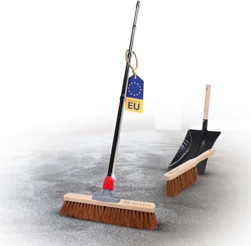 Novaliv Kokosbesen Besen mit Stiel 40 cm Kokosborsten inkl. Kehrgarnitur schwarz bestehend aus Kehrblech und Handfeger Besen Naturborsten Ideal als Werkstattbesen Hallenbesen mit Stiel Industriebesen