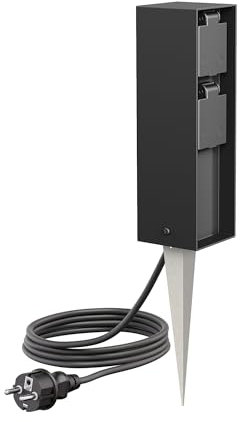 ledscom.de Garten-Steckdosen-Säule POKU mit Erdspieß und 2m Kabel für außen, IP44, 2-Fach, schwarz, eckig, 23cm