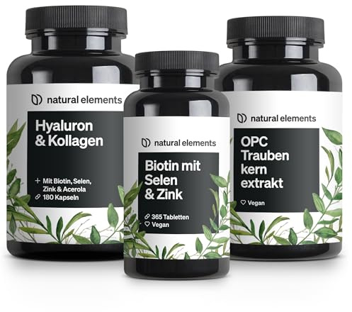 natural elements Beauty & Anti Aging Basic Set - Biotin mit Selen & Zink, Hyaluron & Kollagen und OPC - hochdosiert, ohne unnötige Zusätze - Laborgeprüft
