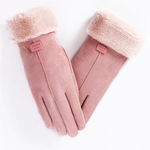 XIFUHUI Elegant Women Suede Sheepskin Fur Trim Gloves Soft Warm Cosy Winter Gloves Padded Thick Outdoor Gloves, pink, One Size