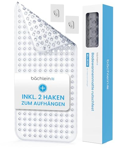 Bächlein PVC Badewannenmatte Transparent – Antirutsch Einlage 88x40 cm mit Haken zum Aufhängen, Hygienisch & Schimmelresistent, BPA- & Latexfrei, Maschinenwaschbar