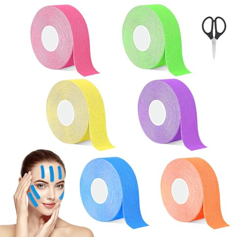 Kuvarix 6 Rollos Cintas Kinesiologicas Faciales, 2,5 cm x 5 m Face Tape Incluye 1 Tijera, Lifting Tape para Reafirmar la Piel, Lifting Facial en Forma de V