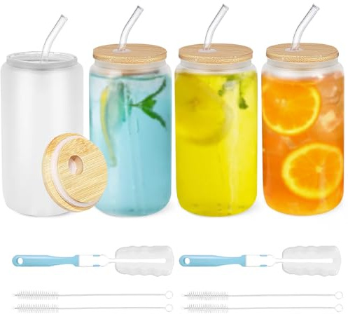Loyaboho 4 Pcs 16oz Drinking Glasses Cups with Glass Straw and Bamboo Lids - Beer Can Shaped, Iced Coffee Tumbler Frosted Cup for Cocktail, Cola, Juice, Soda, Tea, Water | Gift Set Family Party Bar