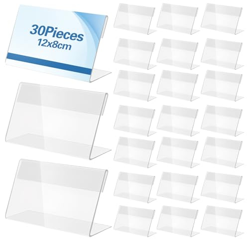 30 Stück Acryl Etikettenhalter 12x8 cm, Namensschilder Tisch Acryl Preisschilder Transparent Preisschilder Aufsteller für Büro Schulen Shop Einkaufszentren
