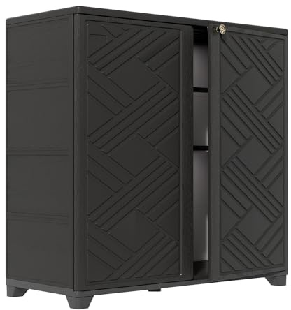 HOMSPARK Indoor/Outdoor Storage Cabinet with Doors and 2 Metal Shelves, 34”x15”x34” HDPE Plastic Storage Box for Patio, Garden, Enterway, Balcony, Multi-Purpose for Daily Tools, Black