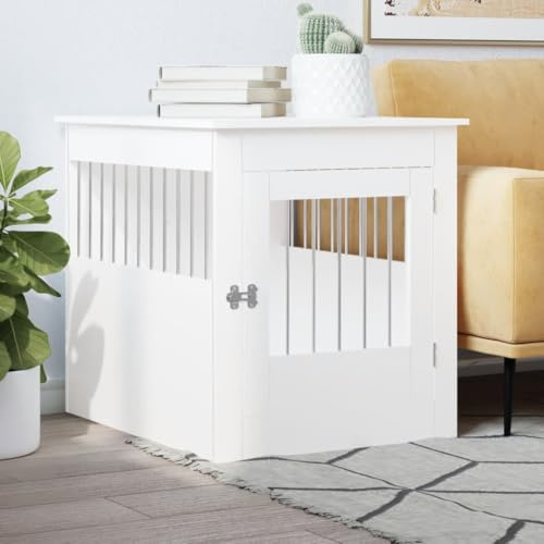 Hundebox Beistelltisch 64,5x80x71 cm aus Holzwerkstoff und Stahlstäben, Hundekäfig im Möbelstil Weiß mit verriegelbarer Tür, 2-in-1 Möbelstück als Schlafplatz und Dekotisch