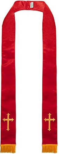 IvyRobes Unisex Adult's Satin Church Clergy Stole with Gold Embroidery Cross Tassel 229cm Red Clerical Priest