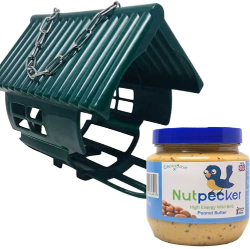 Grumpy Gardener Hanging Bird Feeder with Peanut Butter Jar 330 Grams – 1 Sets of Feeding Station & 1 Peanut Bird Food for Wild Birds, Easy-Hang Outdoor Feeder (1 House + 1 Jar) Green