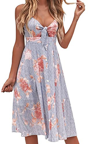 Fancyinn Robe Femmes sans Manches Boutonnee Floral Imprime Spaghetti Strap Button Down Robe Midi, Bleu, XS(30-32)