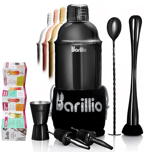 BARILLIO Juego de coctelera negra para barman de acero inoxidable de 680.4 g, mezclador, cuchara mezcladora, jigger, 2 vertedores de licor, bolsa de terciopelo, folleto de recetas y libro electrónico