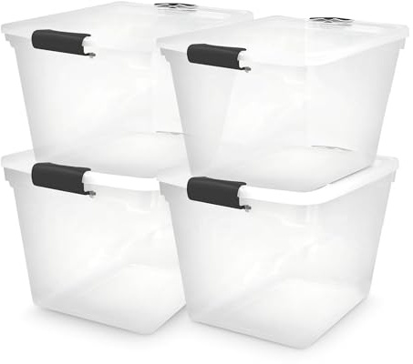 HOMZ 4-Pack 31 Quart Latching Lid, Clear Plastic Storage Organizer Bins, Gray – Stackable Containers for Home & Office Shelves, Kitchen, Garage, and Bathroom Organization