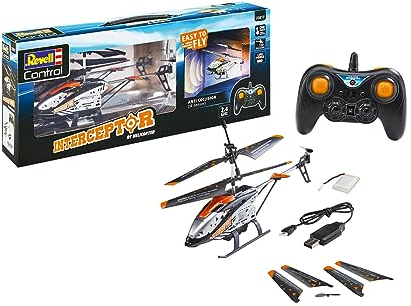 Revell Control 23817 RC Helikopter mit Fernbedienung Interceptor, Anti-Crash-Sensor, GHz, Start/Landung auf Knopfdruck, Höhensensor Ferngesteuerter Hubschrauber, Silber/Orange, 24 cm