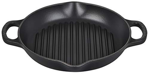 LE CREUSET Signature Hohe runde Grillpfanne aus Gusseisen, für alle Herdarten und Backöfen, 25 cm, Schwarz matt, 20208250000422