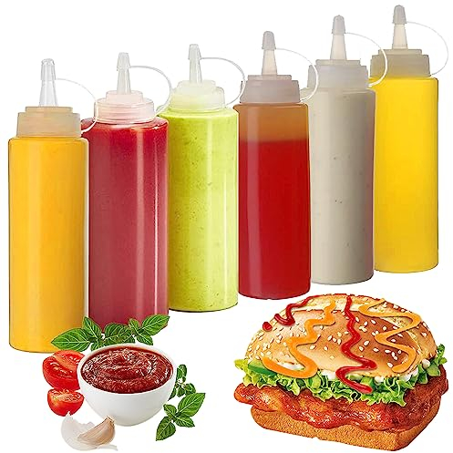 Bottiglia Squeeze di Plastica, 6pcs 8oz Bottiglia per Squeeze con Tappi, Trasparente Condimento Dispenser - a Prova di Perdite e Senza BPA, per Ketchup, Senape, Mayo, Salse piccanti, Olio d'oliva