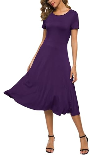 EXCHIC Femmes Fleurs Imprimé Manche Courte Midi Robe Col Rond Longueur Genou Taille Haute Elastique Robe