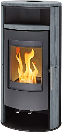 H&M Kaminofen Basic 2.0 gussgrau Naturstein 7kw Holzkamin modern runde Sichtscheibe langlebig Tür und Feuerraumboden aus Guss Speicherverkleidung Mehrfachbelegung