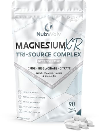 Magnesium XR Tri-Source Complex | 90 Vegan Tablets | Magnesium Bisglycinate, Citrate & Oxide, L-Theanine, Taurine & P-5-P B6 | Muscle & Nervous System Support | 45 Days | UK Made | by NutriVolv