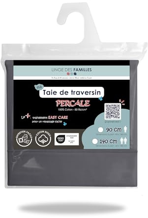 Linge des Familles - Taie 43x140 cm pour Traversin 90 cm - 100% Coton Percale - Gris Foncé - Taie de Traversin à Nouer - Label Oeko-TEX® Standard 100 - Fabriquée en Europe