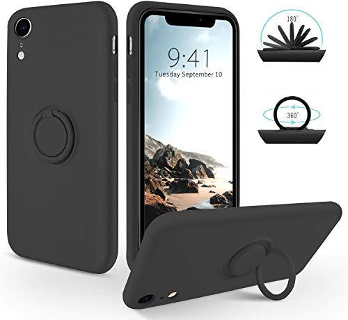 SouliGo iPhone XR Case 360° Ring Holder Kickstand for Magnetic Car Mount Soft Silicone Gel Rubber Protective Shockproof Phone Cover for iPhone XR 6.1 Inch -Black