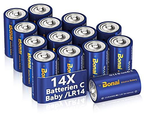 BONAI Batterie C Baby Alcaline 1,5V (confezione da 14) 7000mAh Pile Torcia Tipo C Ad Alta Capacità, Durata 10 Anni, LR14 a Prova di Perdite