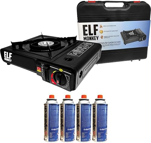 Hornillo de gas para acampada, incluye cartuchos de gas. Cocina de gas con maletín de transporte: con 4 cartuchos de gas